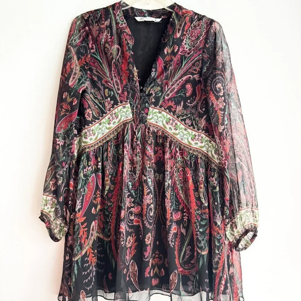 Zara Paisley Print Chiffon Babydoll Mini Dress XS